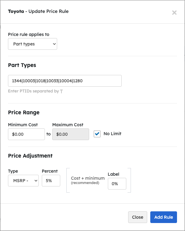 How to Create Price Rules Based on Part Types